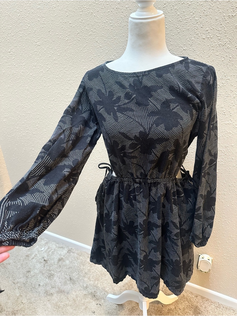 Women’s Linen Blend Floral Boho Mini Dress Long Balloon Sleeve Sz M Pockets